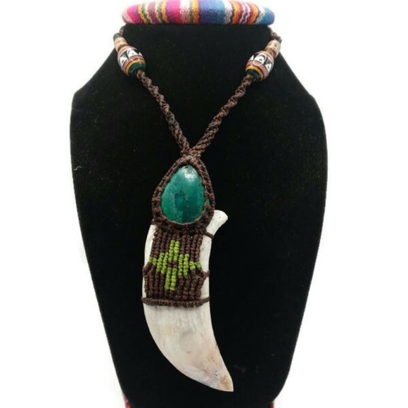 Handmade Macramé Necklace with Natural Jade Stone and Sea Dandelion Amulet
